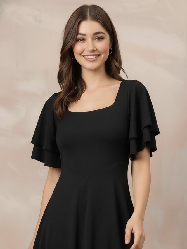 Stretchable Layered Sleeve Fit And Flare Midi Dress
