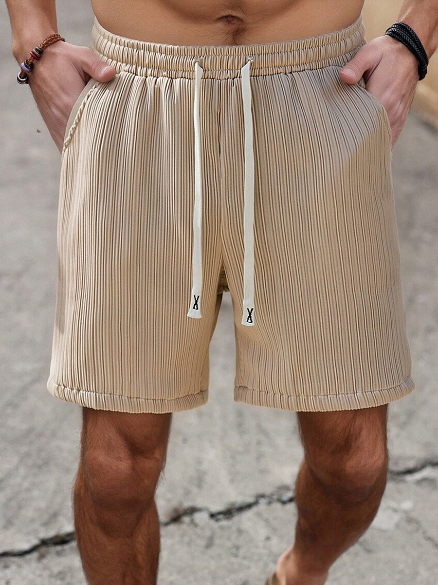 Beige Graphic Plisse Drawstring Shorts