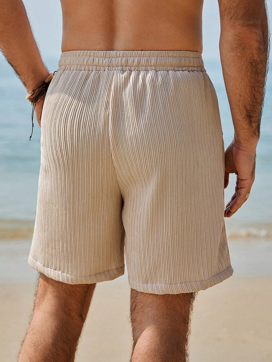 Beige Graphic Plisse Drawstring Shorts