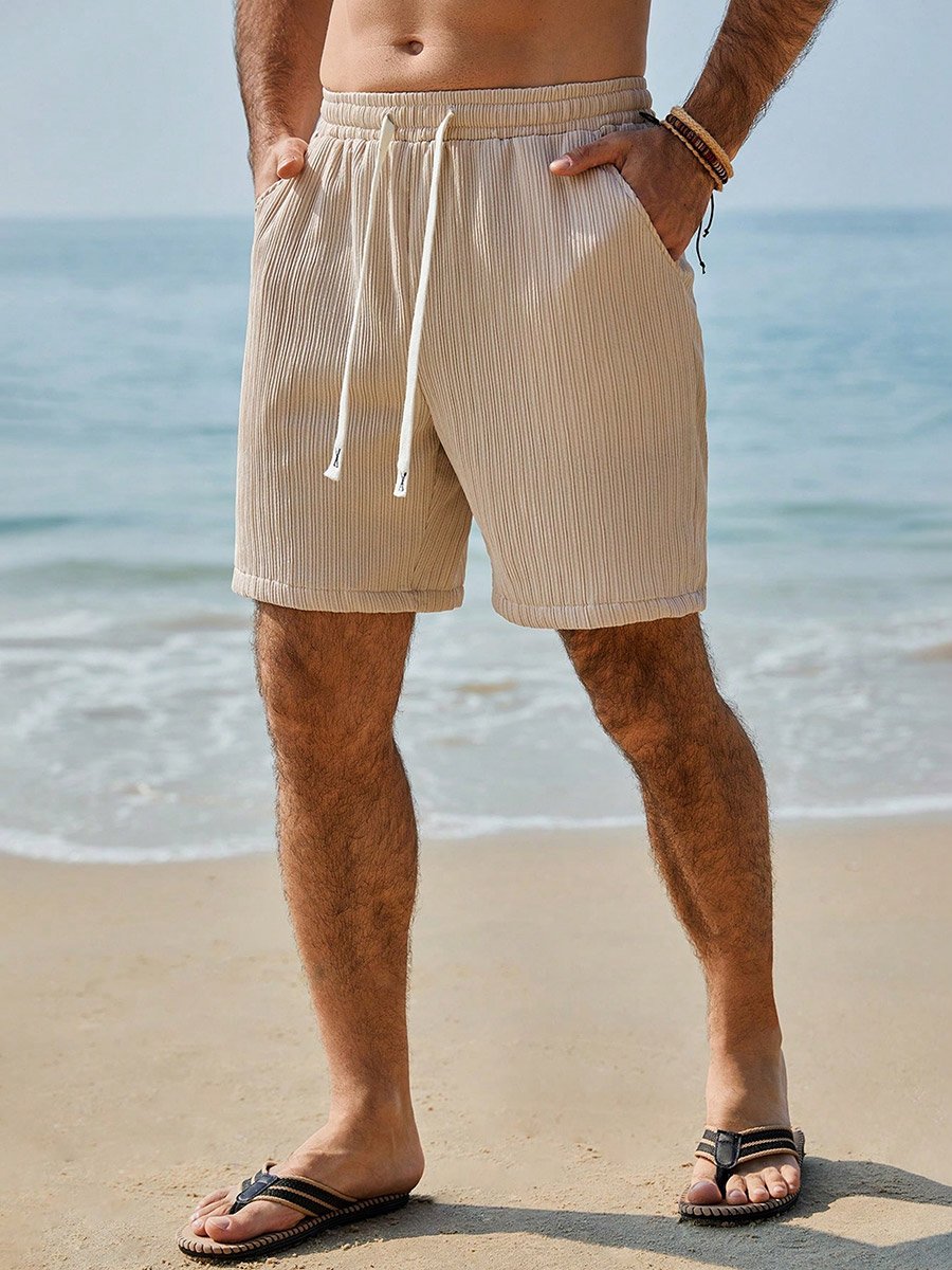 Beige Graphic Plisse Drawstring Shorts