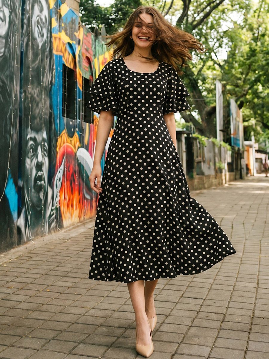 Black Stretchable Polka Dot Flared Midi Dress