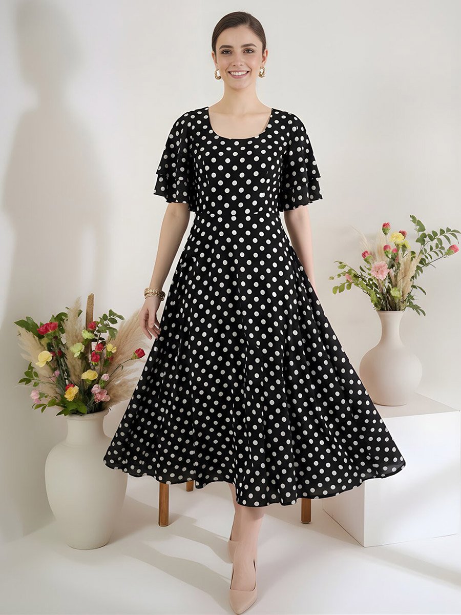 Black Stretchable Polka Dot Flared Midi Dress