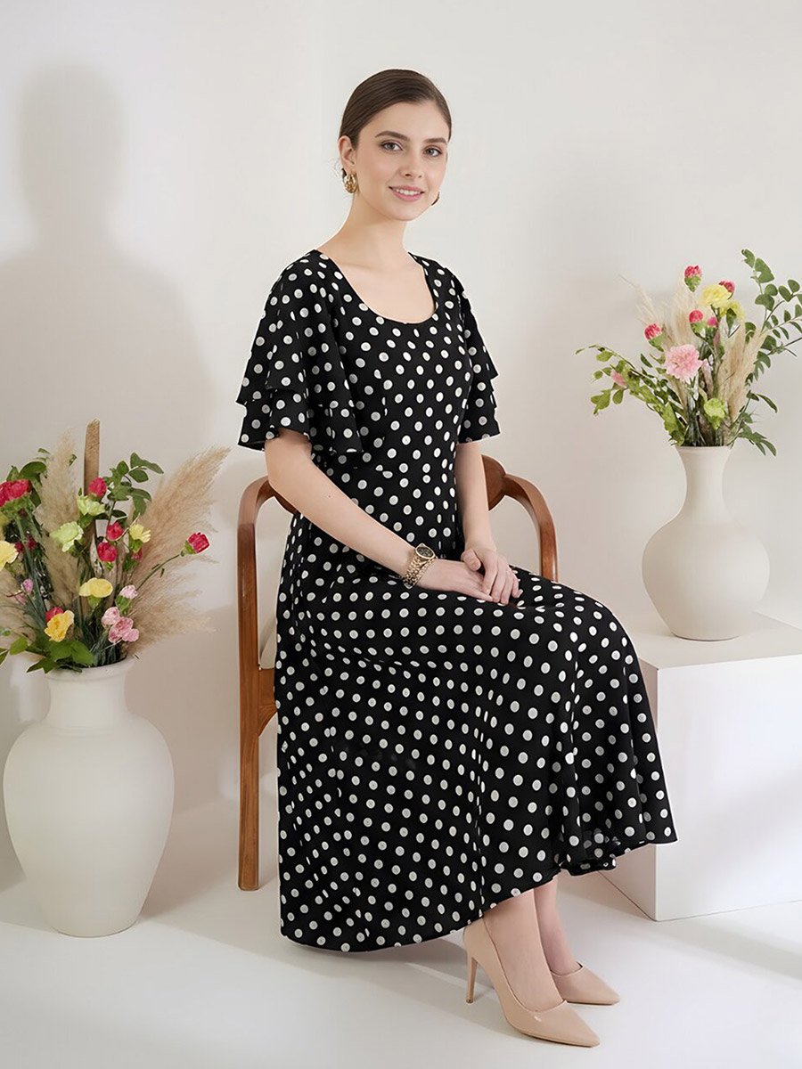 Black Stretchable Polka Dot Flared Midi Dress