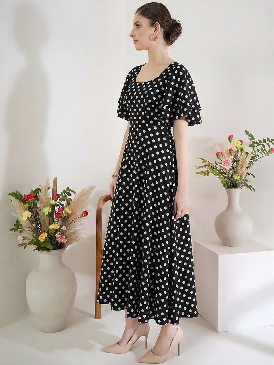 Black Stretchable Polka Dot Flared Midi Dress