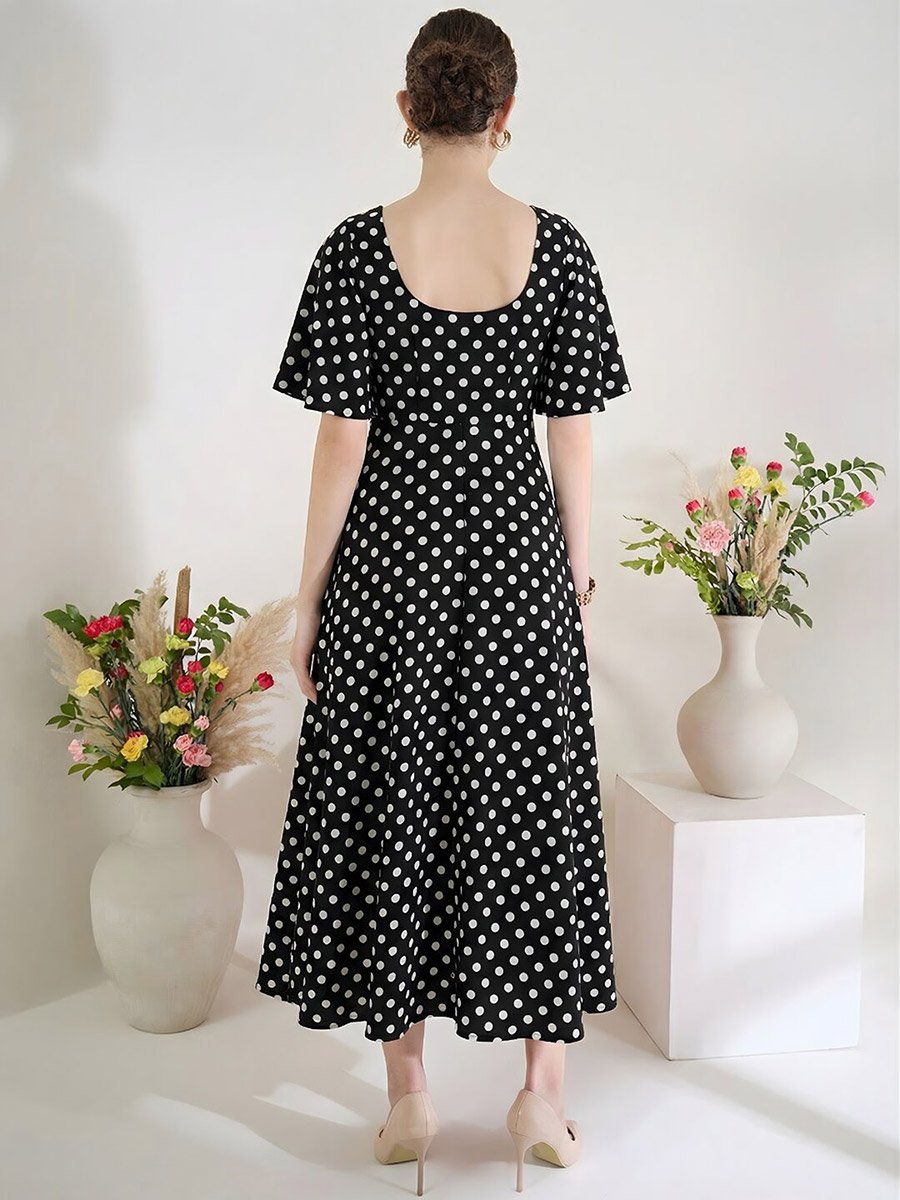 Black Stretchable Polka Dot Flared Midi Dress