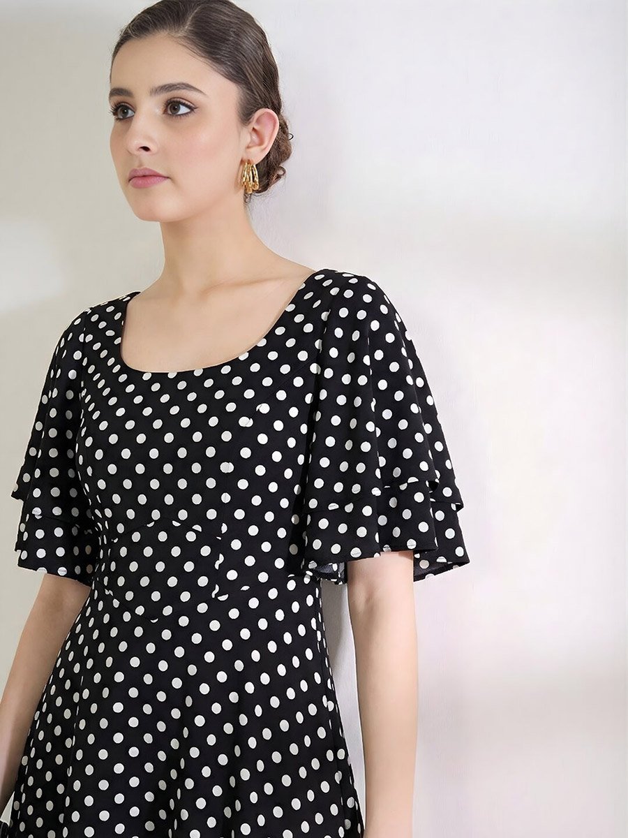 Black Stretchable Polka Dot Flared Midi Dress