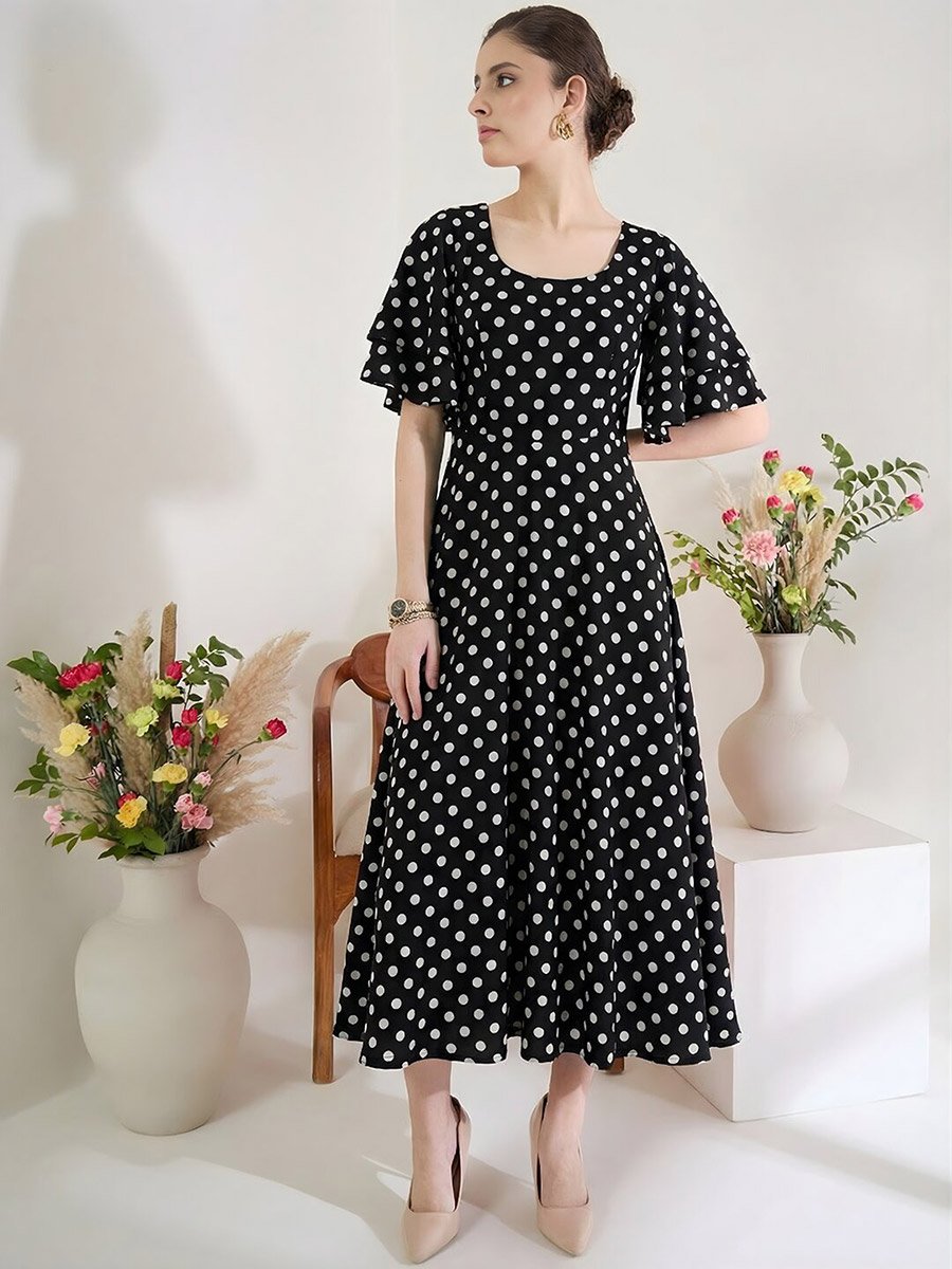 Black Stretchable Polka Dot Flared Midi Dress