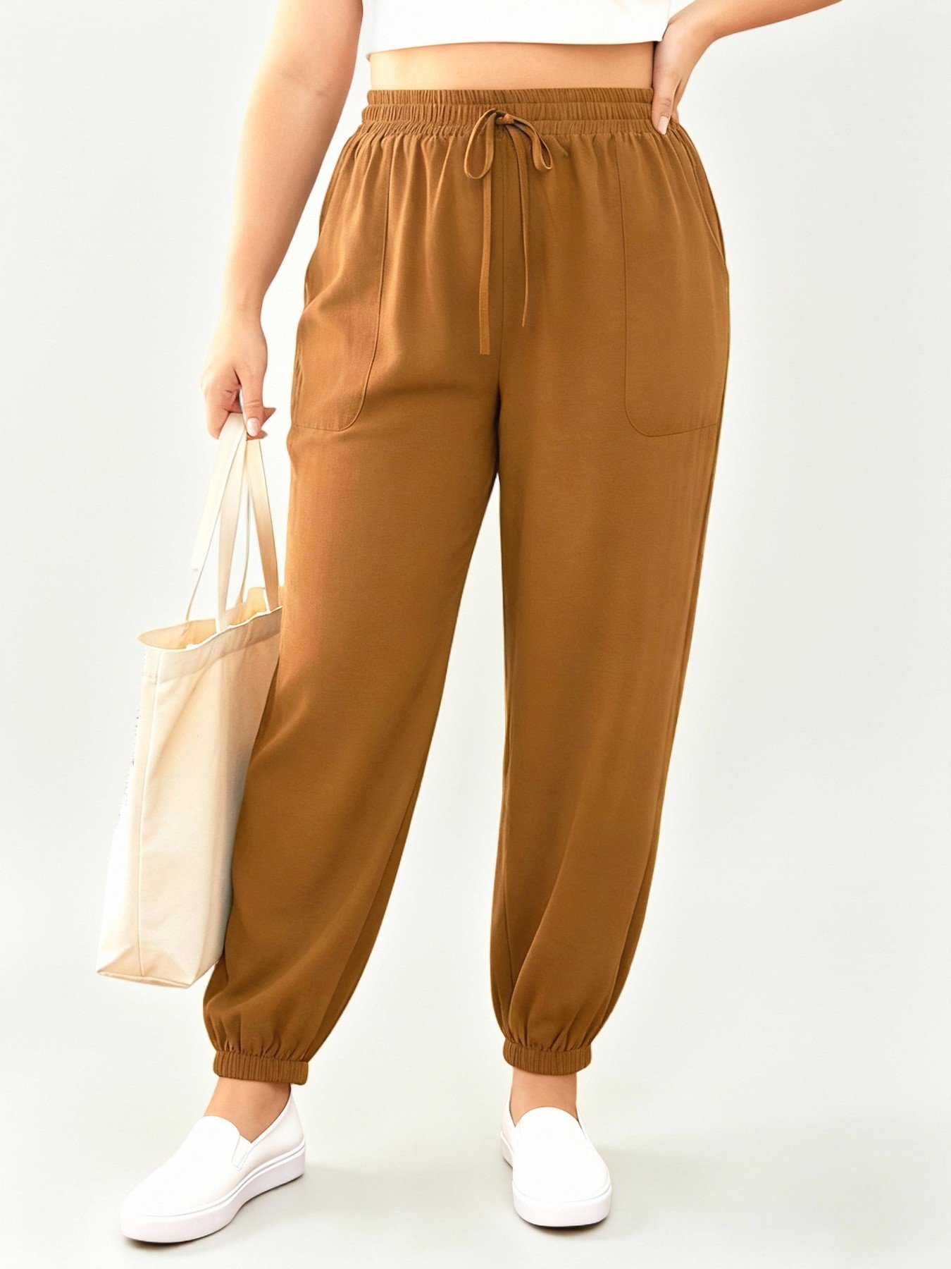 Plus Size Brown Drawstring Jogger Trousers