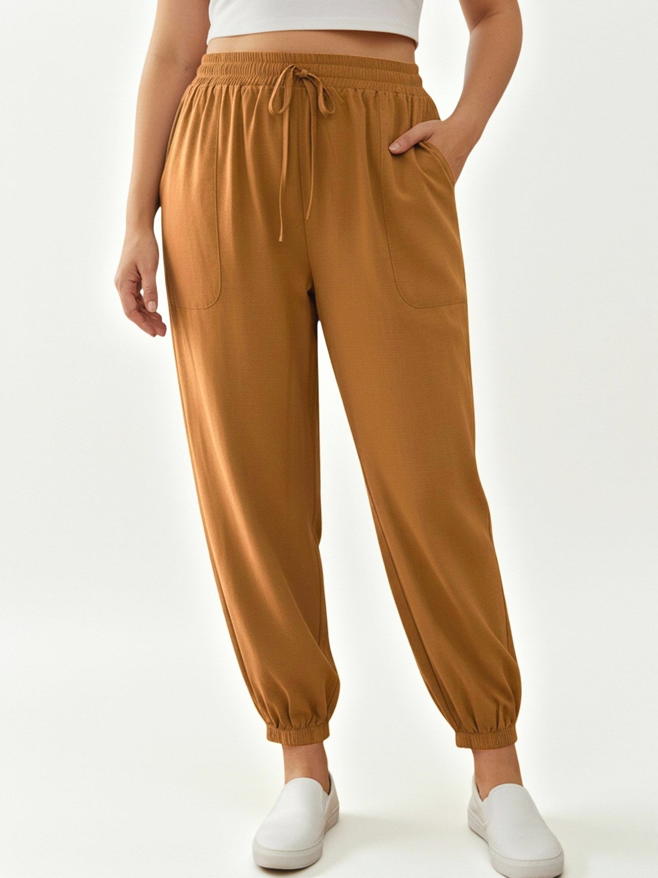 Plus Size Brown Drawstring Jogger Trousers