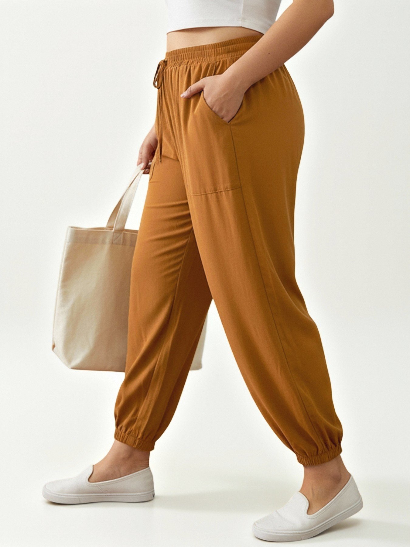 Plus Size Brown Drawstring Jogger Trousers