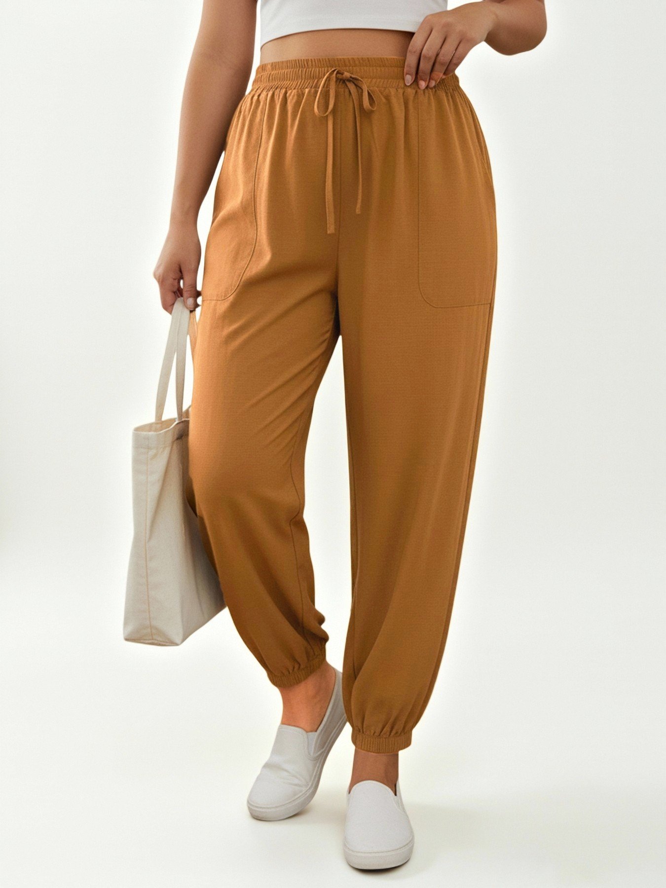 Plus Size Brown Drawstring Jogger Trousers