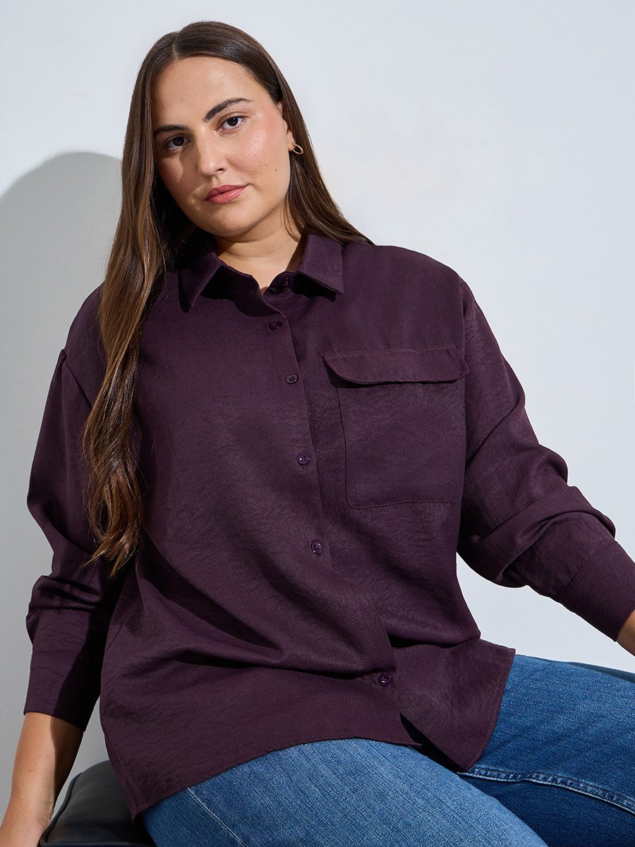 Plus Size Burgundy Pocket Detail Textured Oversized Shirt