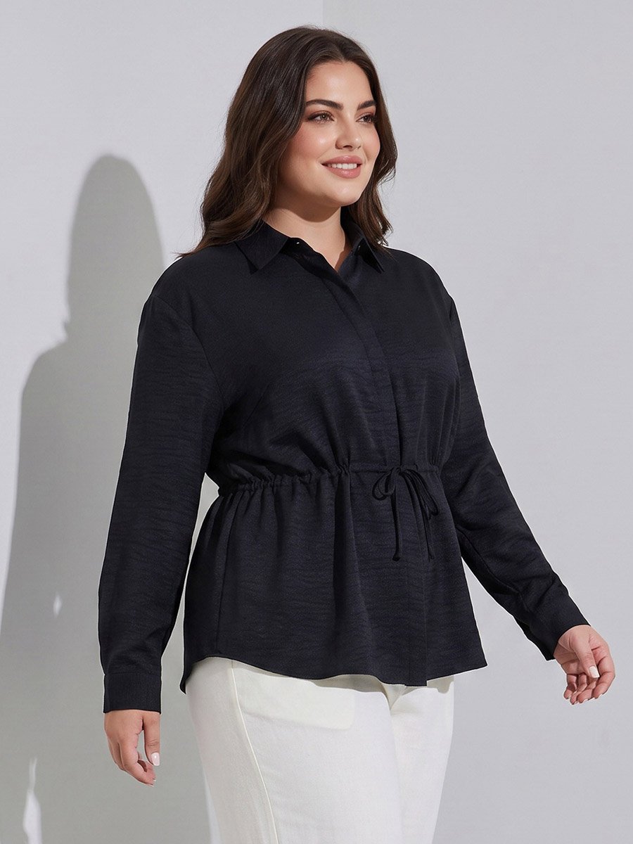 Plus Size Black Solid Tie-Up Waist Shirt