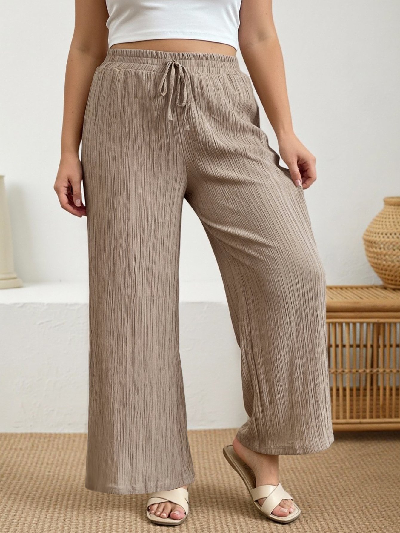 Plus Size Nude Textured Wide-Leg Trousers
