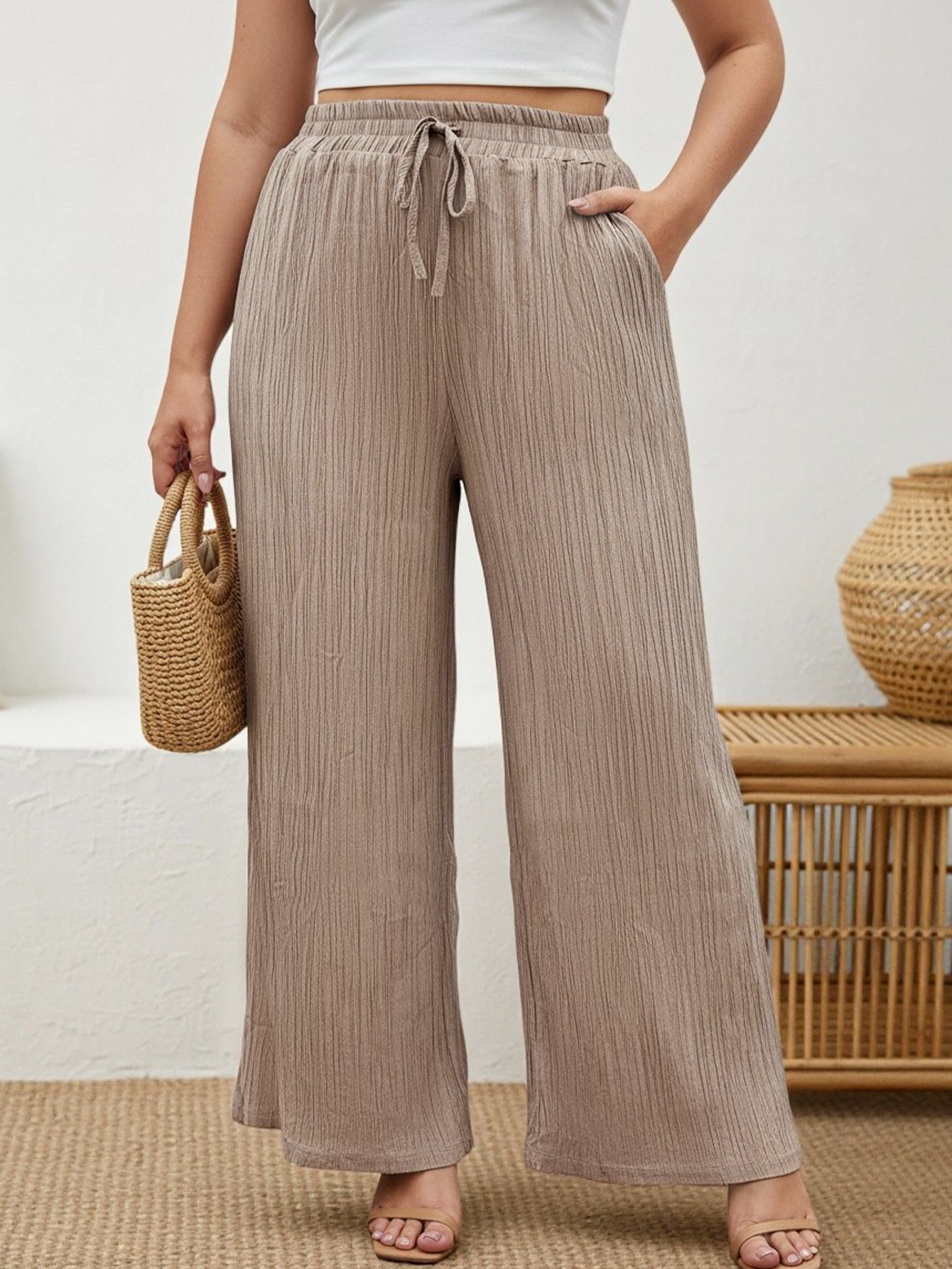 Plus Size Nude Textured Wide-Leg Trousers