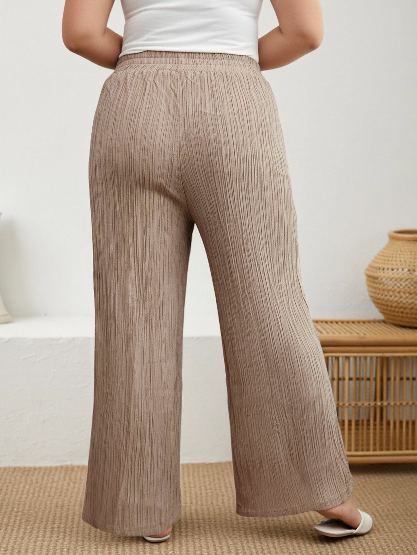 Plus Size Nude Textured Wide-Leg Trousers