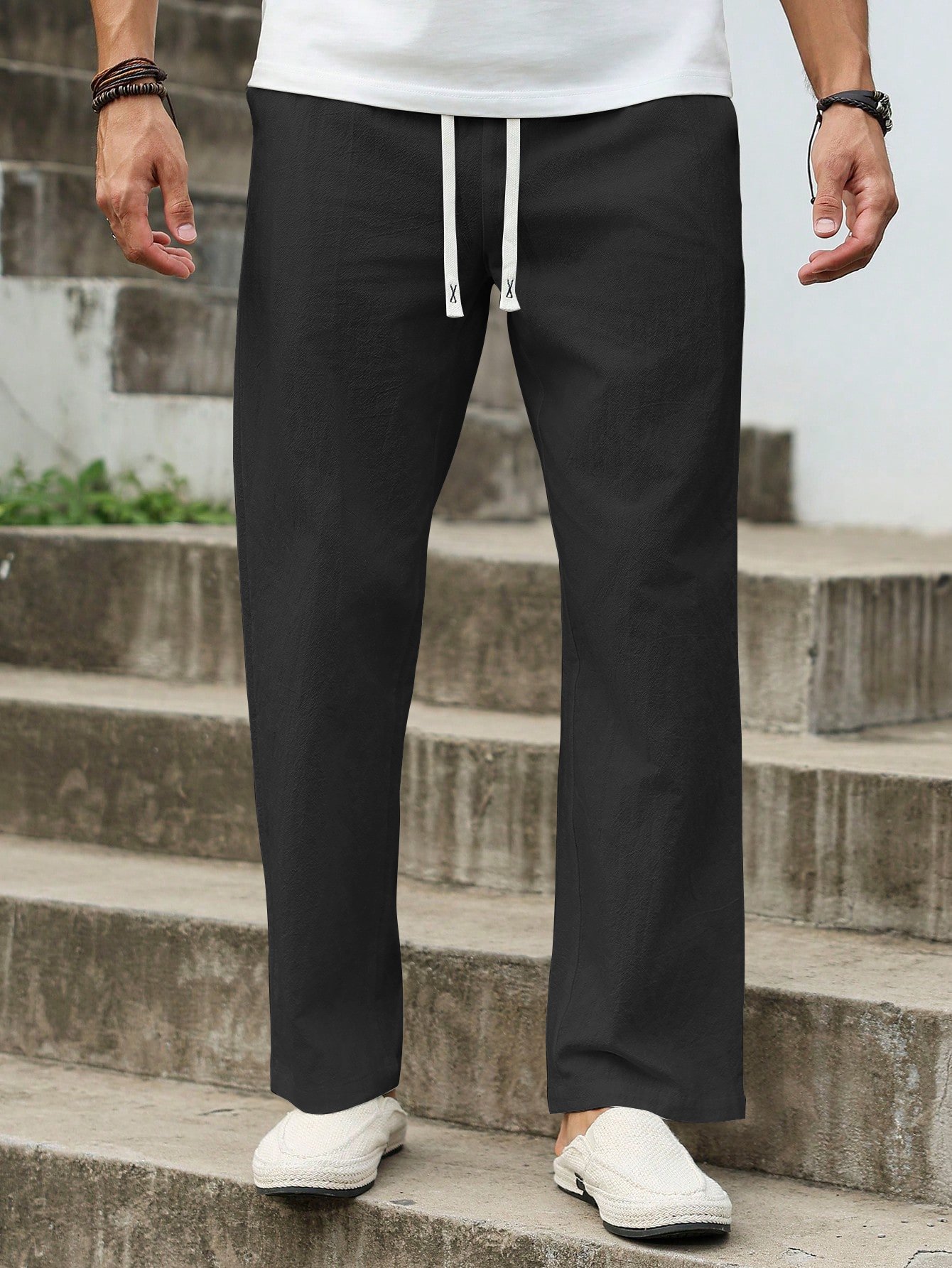 Men Black Casual Trousers with Drawstring Waist