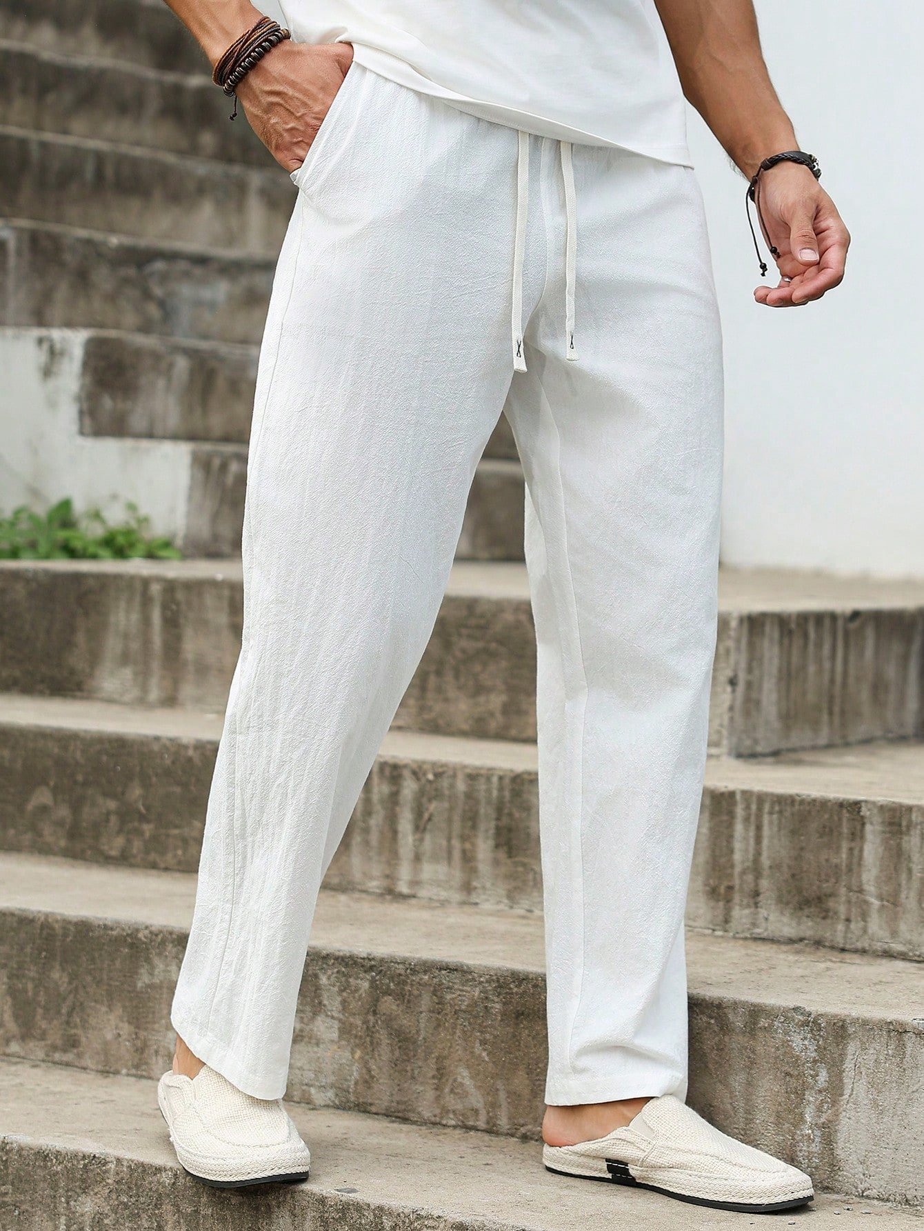 Men White Blend Drawstring Trousers