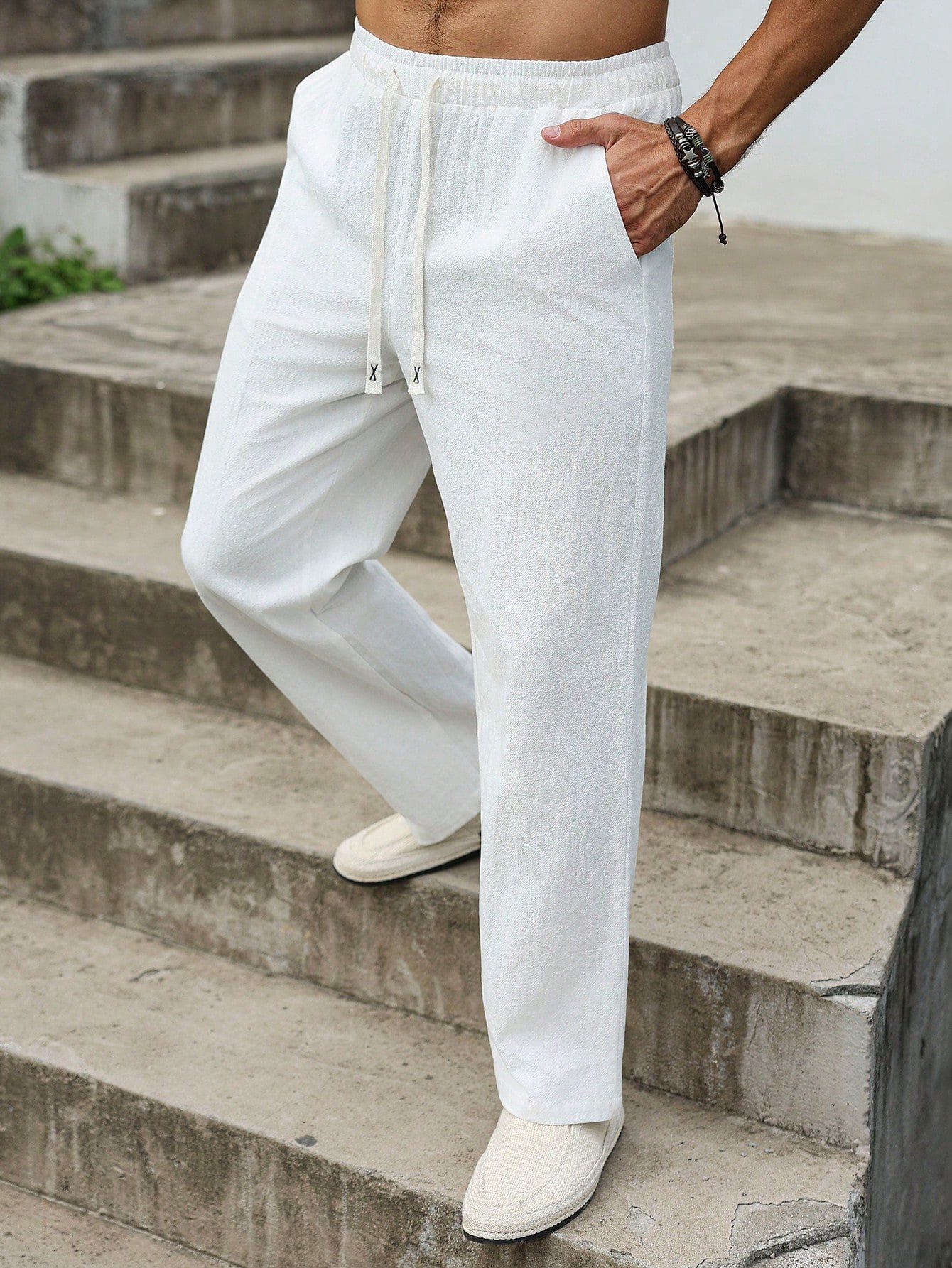 Men White Blend Drawstring Trousers