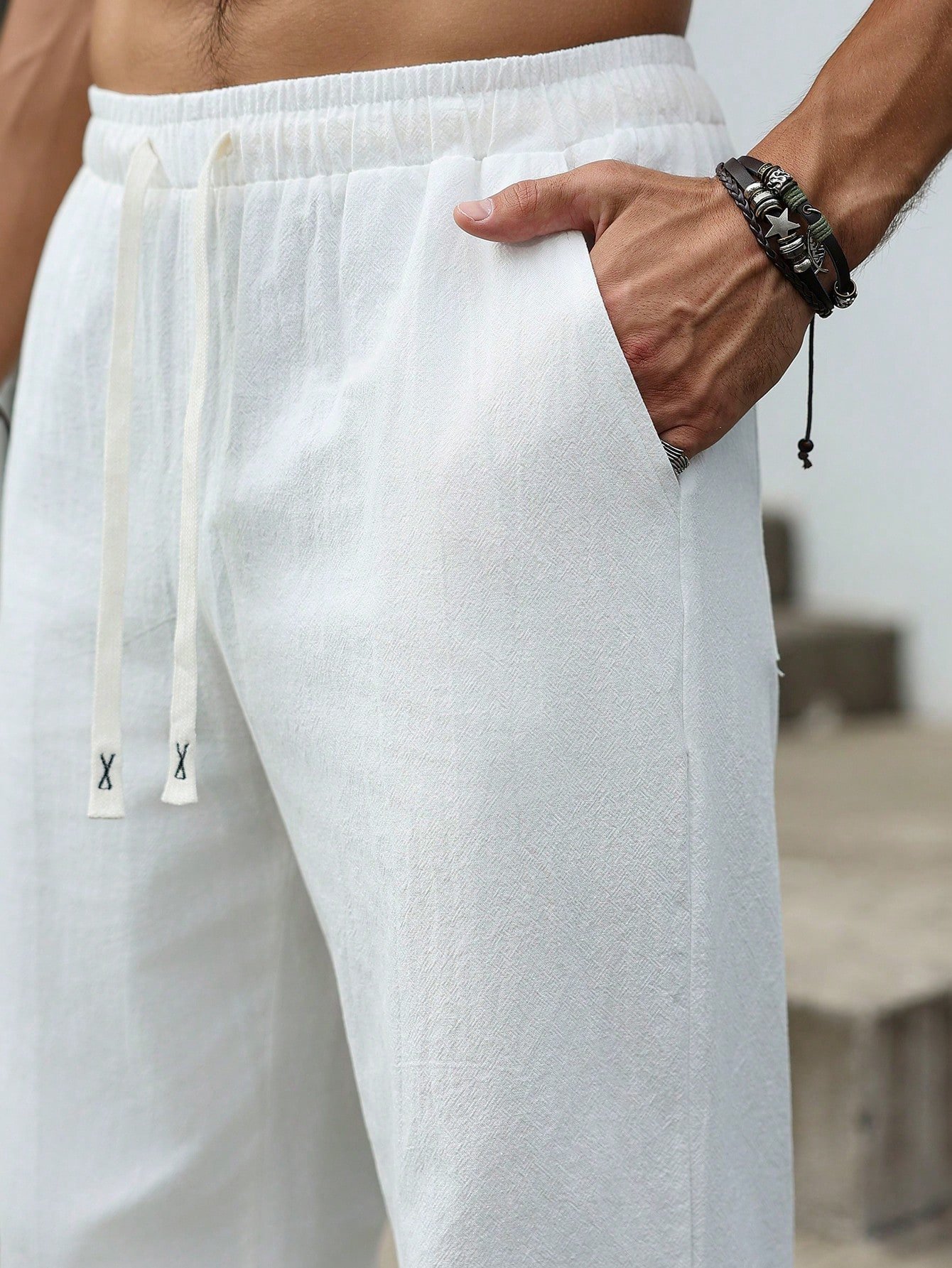 Men White Blend Drawstring Trousers