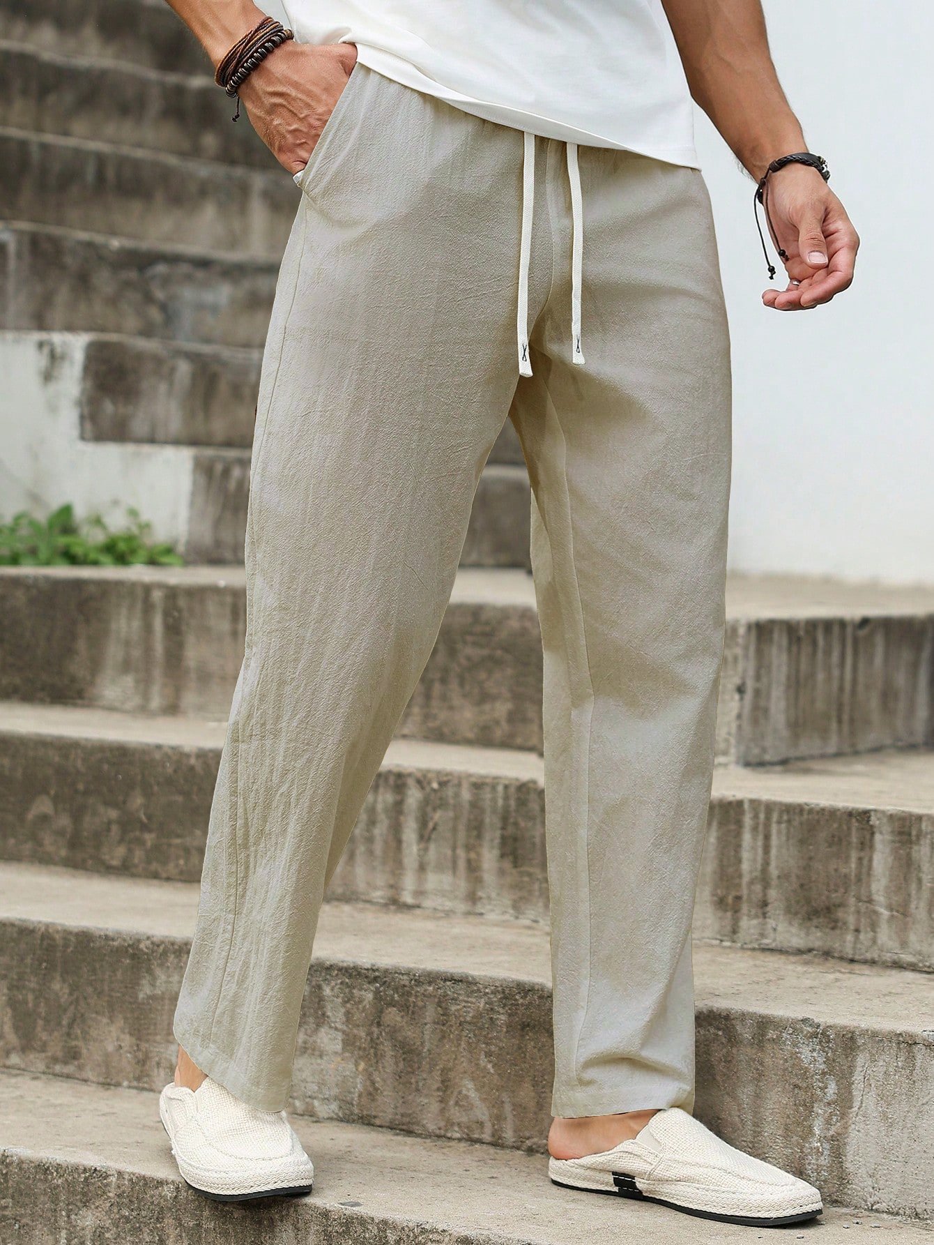 Men Beige Blend Relaxed Fit Trousers