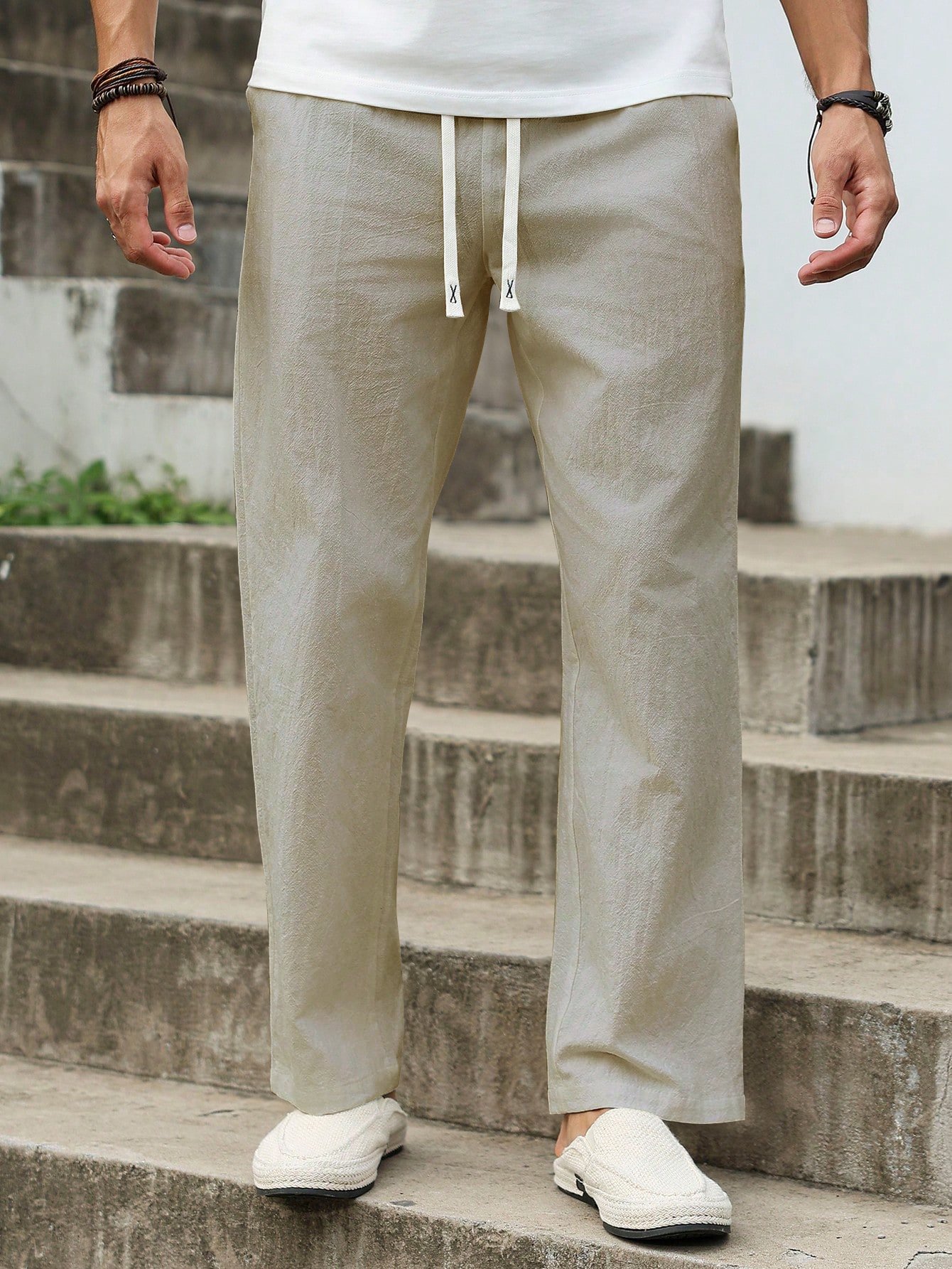 Men Beige Blend Relaxed Fit Trousers