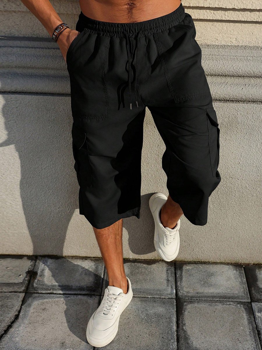 Men Black Cargo Shorts with Drawstring Waist