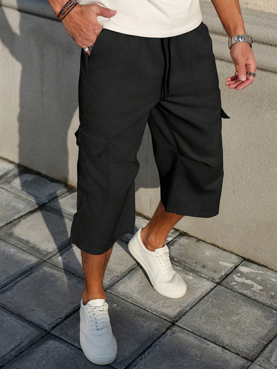 Men Black Cargo Shorts with Drawstring Waist