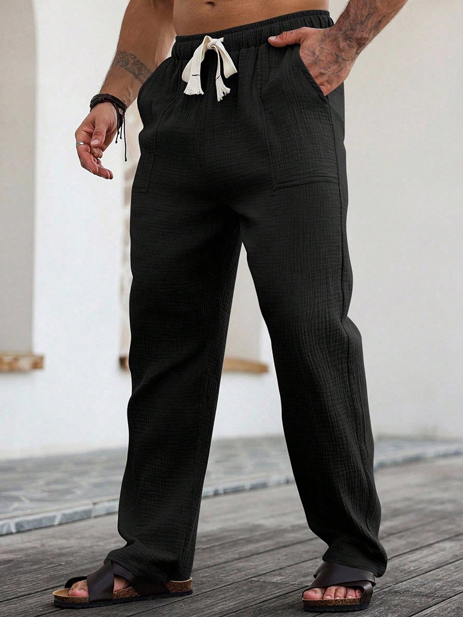 Men Black Cotton Blend Drawstring Trousers