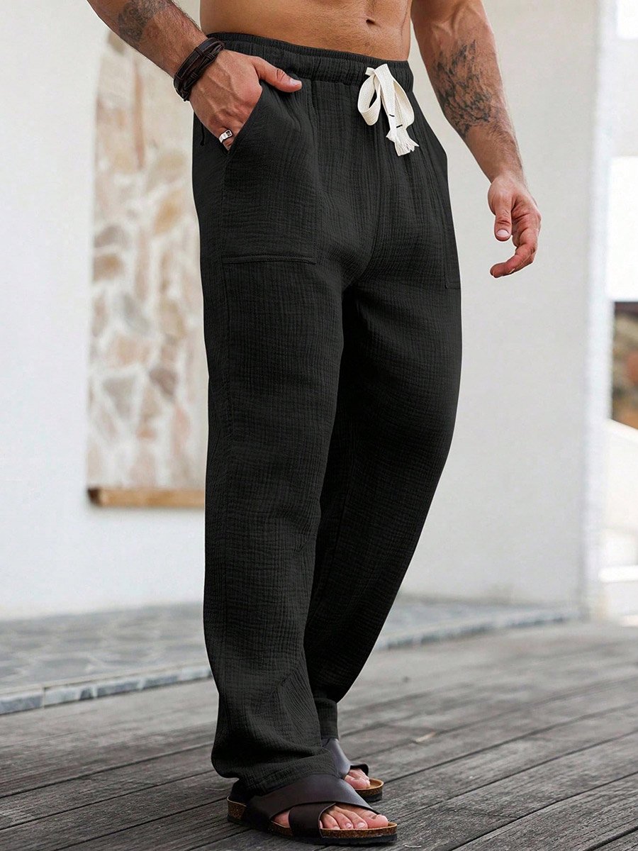 Men Black Cotton Blend Drawstring Trousers