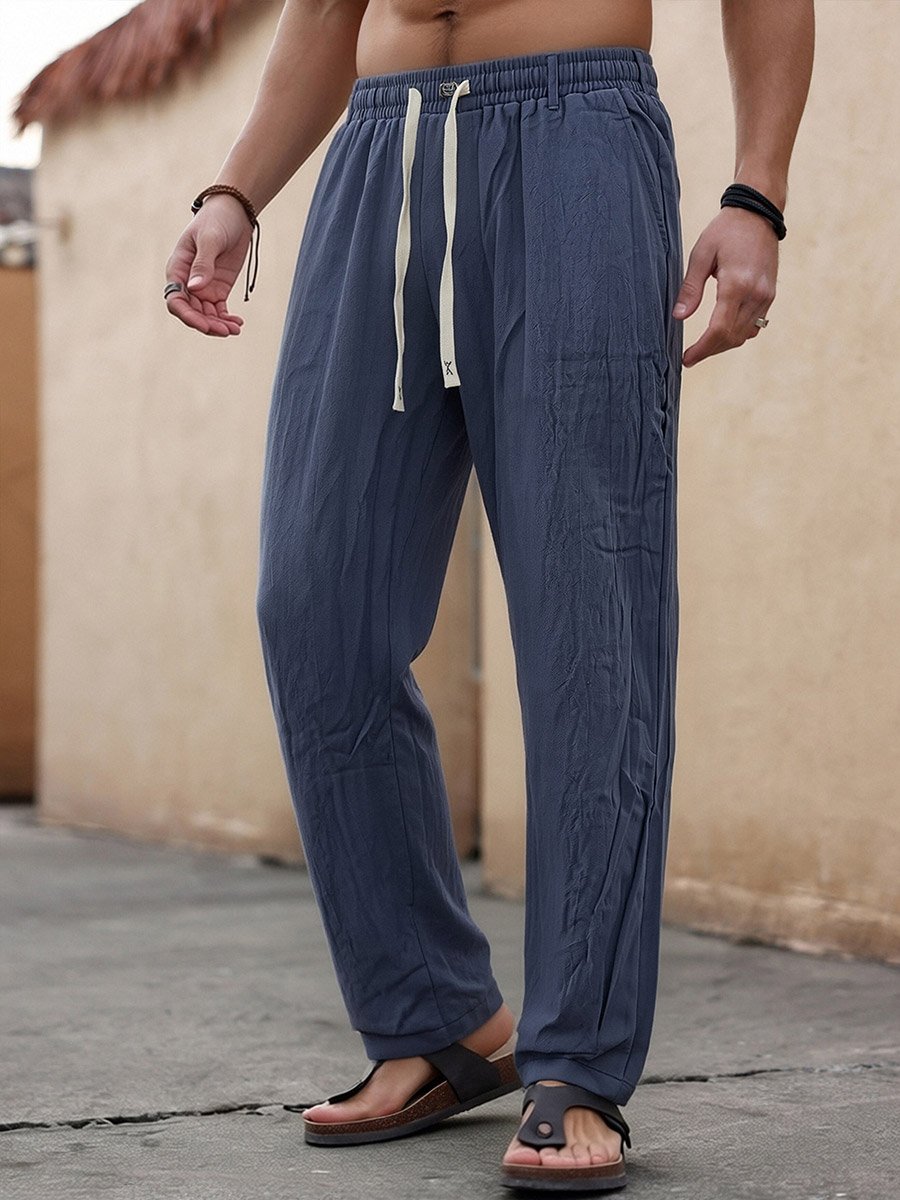 Men Navy Blue Blend Drawstring Trousers