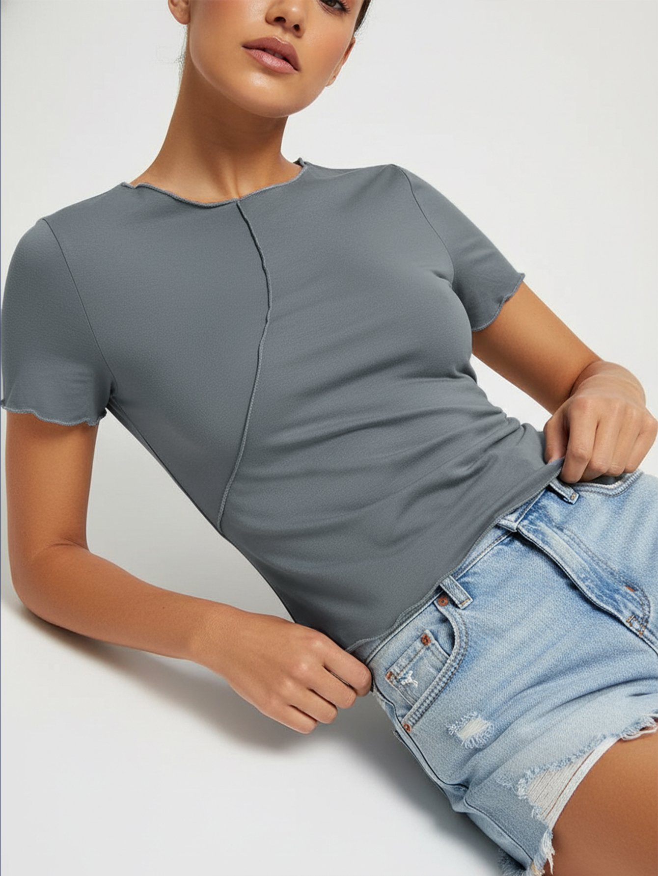 Grey Knitted Slim Fit Round Neck T-Shirt with Lettuce Edge