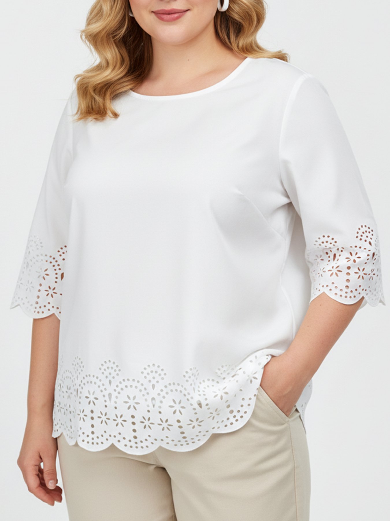 White Plus Size Eyelet Blouse With 3/4 Sleeves