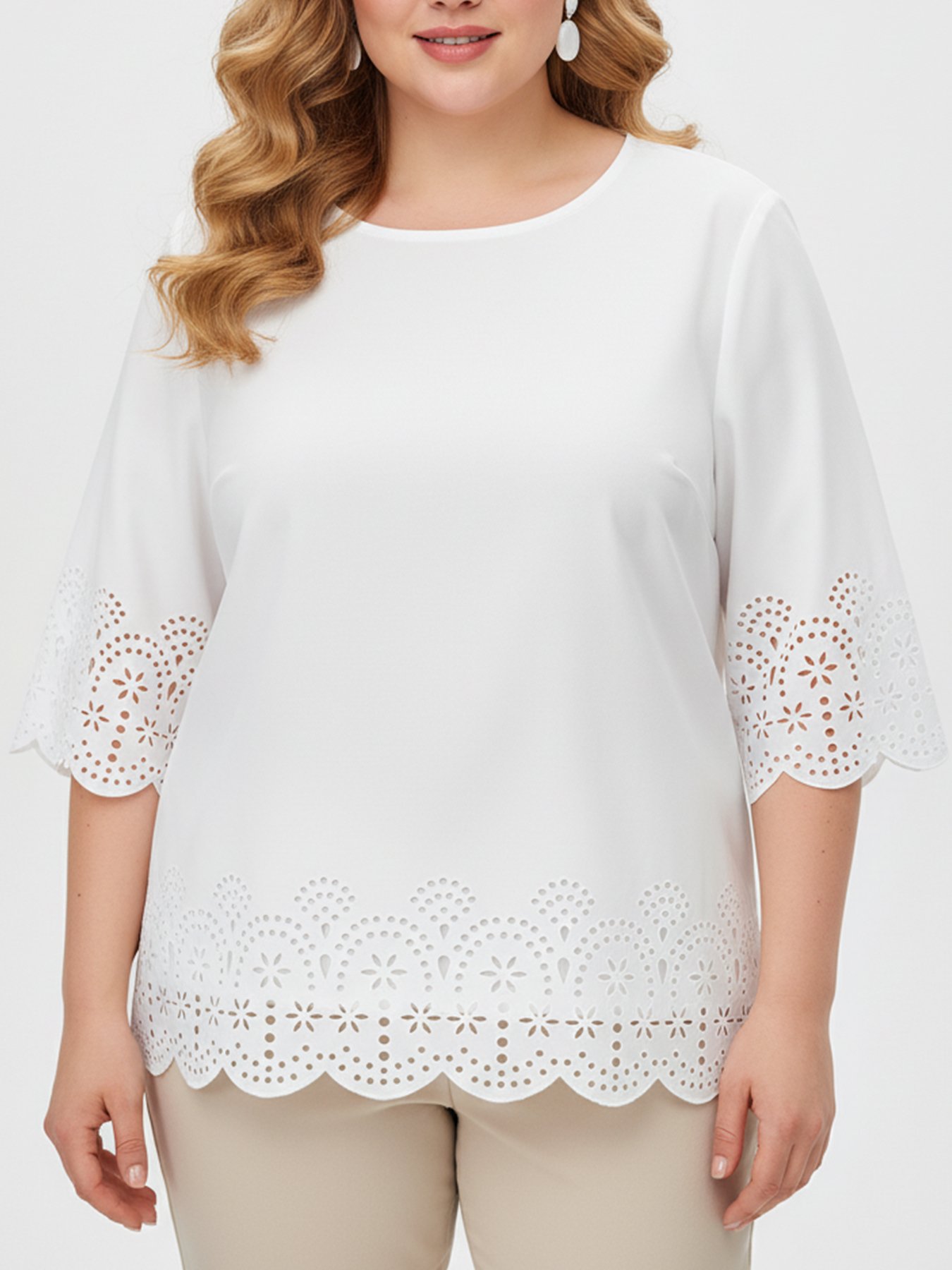 White Plus Size Eyelet Blouse With 3/4 Sleeves