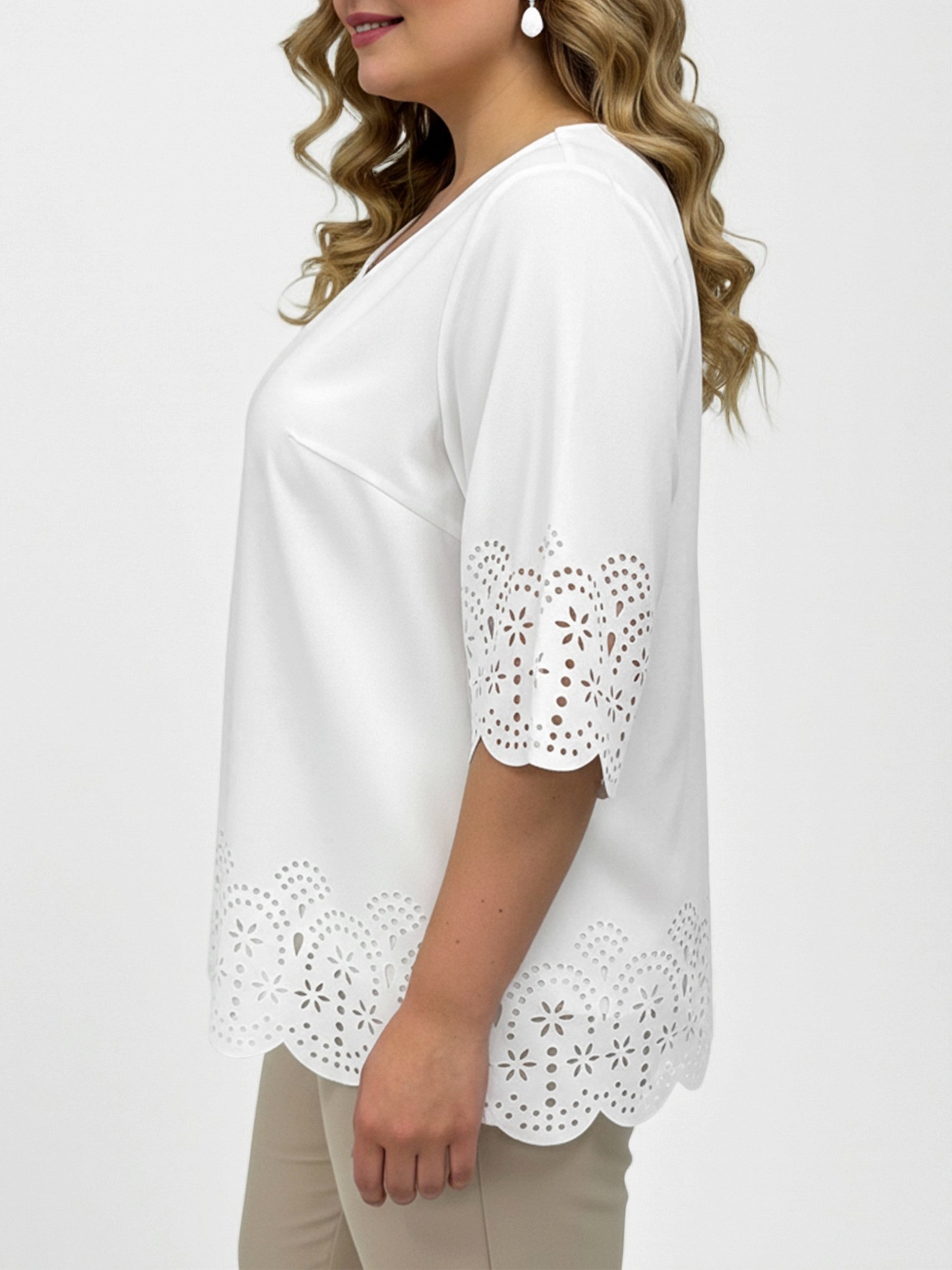 White Plus Size Eyelet Blouse With 3/4 Sleeves