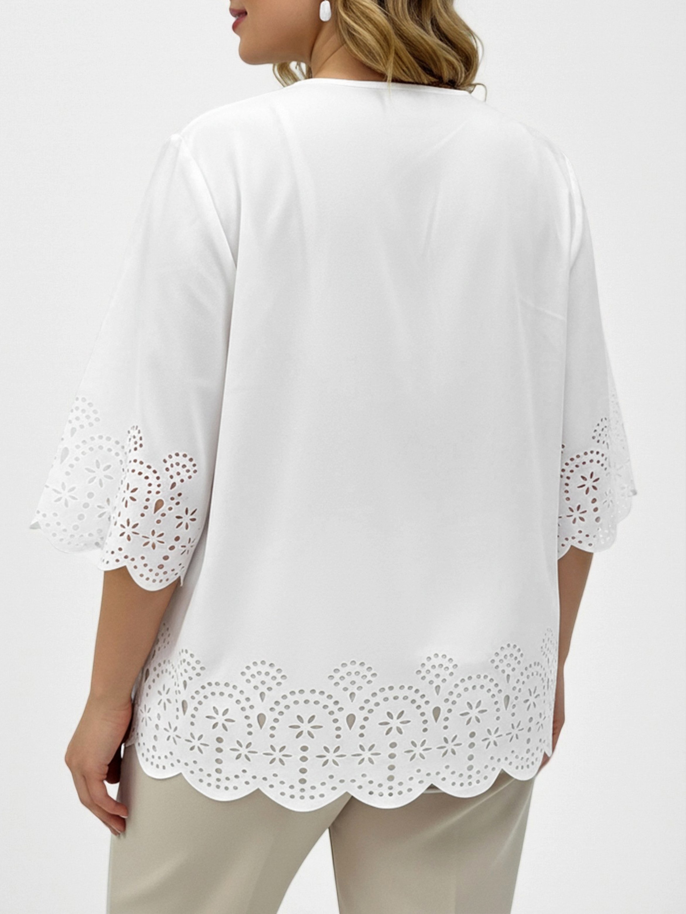 White Plus Size Eyelet Blouse With 3/4 Sleeves