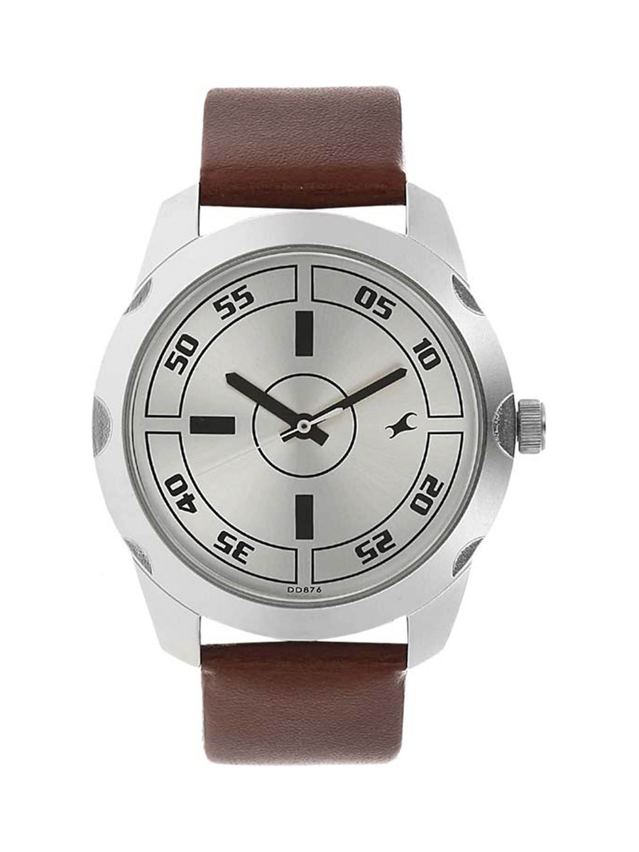 Men Silver Dial Watch with Brown Leather Strap, Quartz Movement