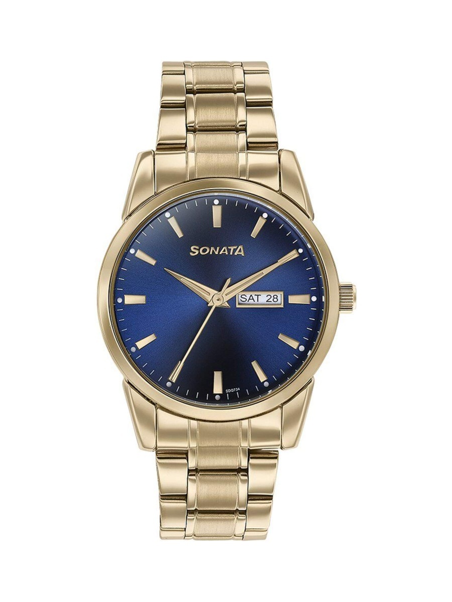 Men Blue Multifunction Dial Golden Stainless Steel Watch