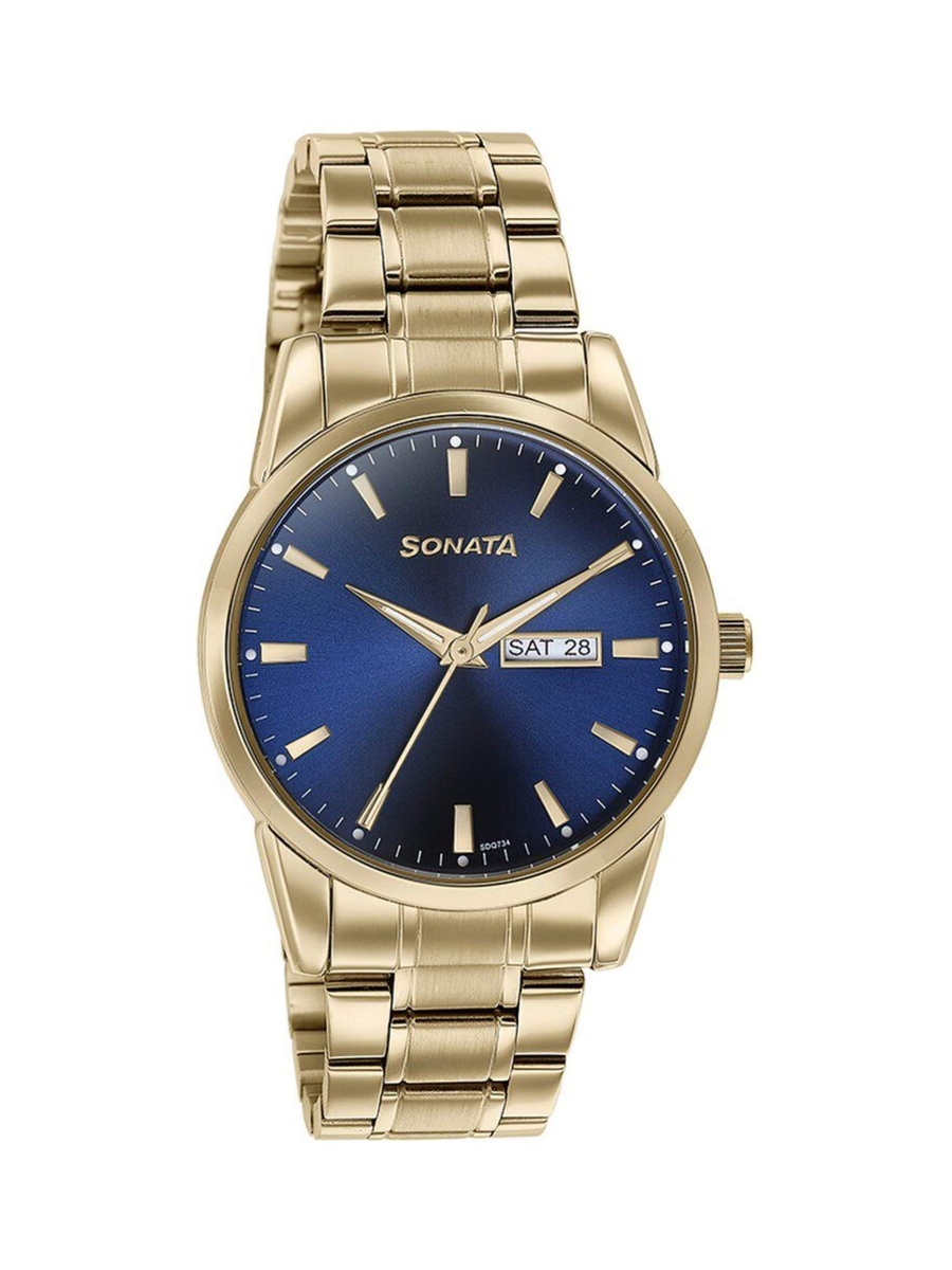 Men Blue Multifunction Dial Golden Stainless Steel Watch