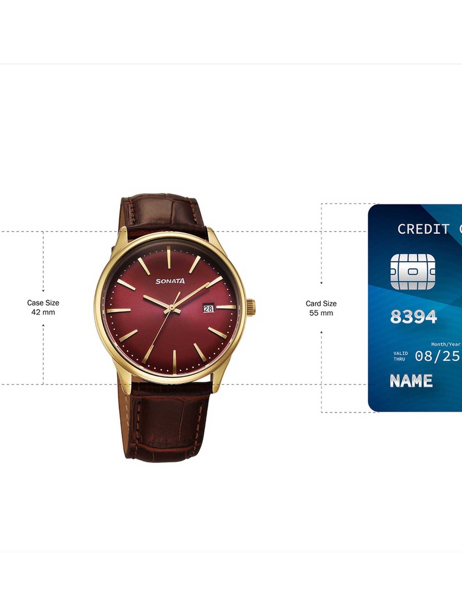 Men Maroon Round Dial Brown Strap Watch