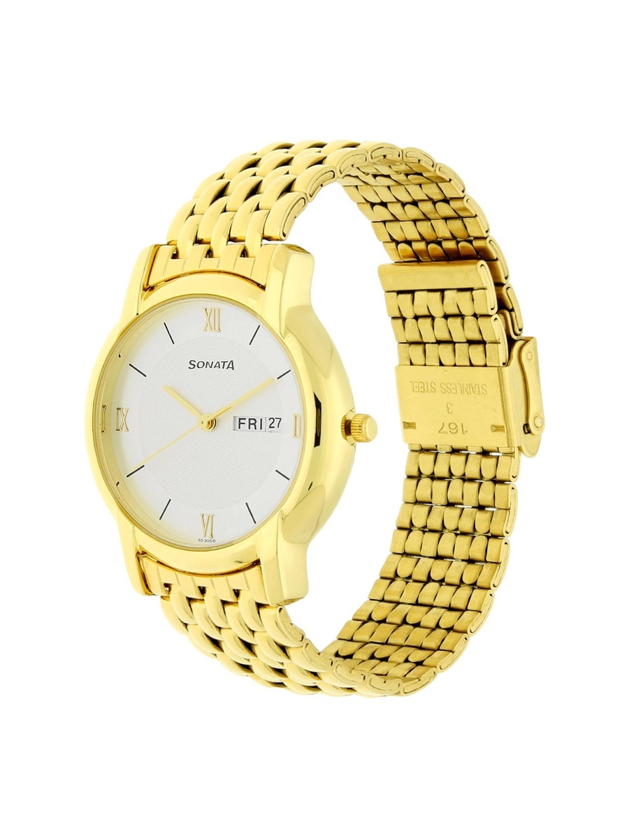 Men Gold Stainless Steel Strap Watch