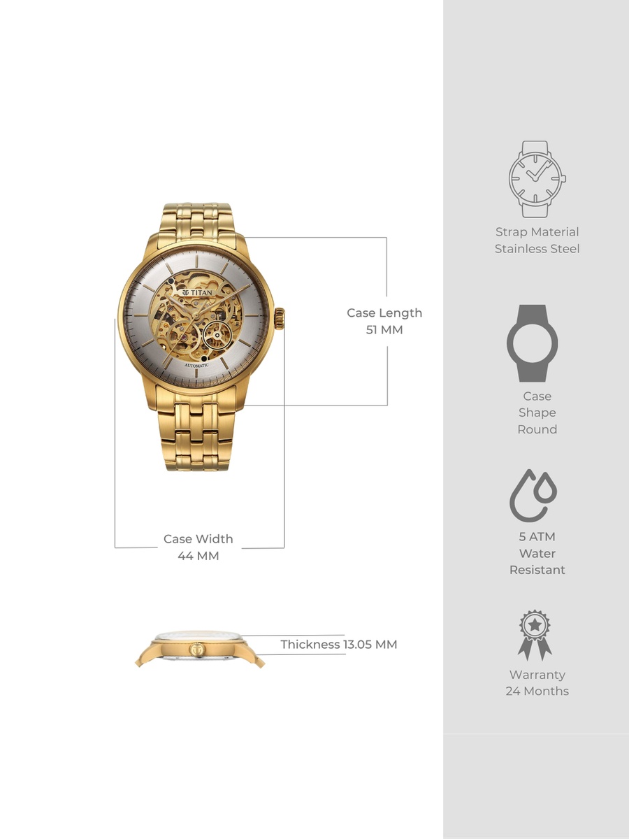Golden Heart Skeletal Automatic Men with Stainless Steel Strap, 51mm, 21-Jewel Movement, 42-Hour Power Reserve