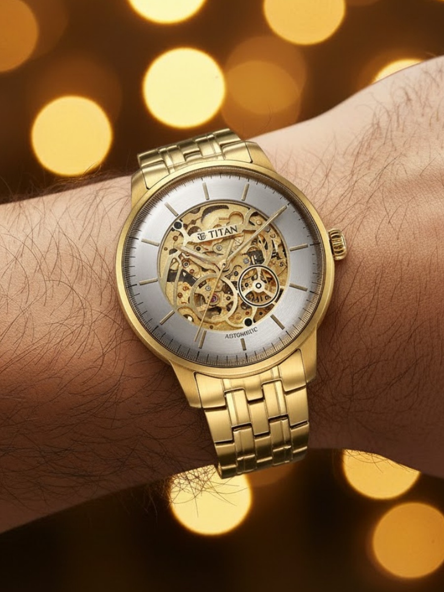 Golden Heart Skeletal Automatic Men with Stainless Steel Strap, 51mm, 21-Jewel Movement, 42-Hour Power Reserve