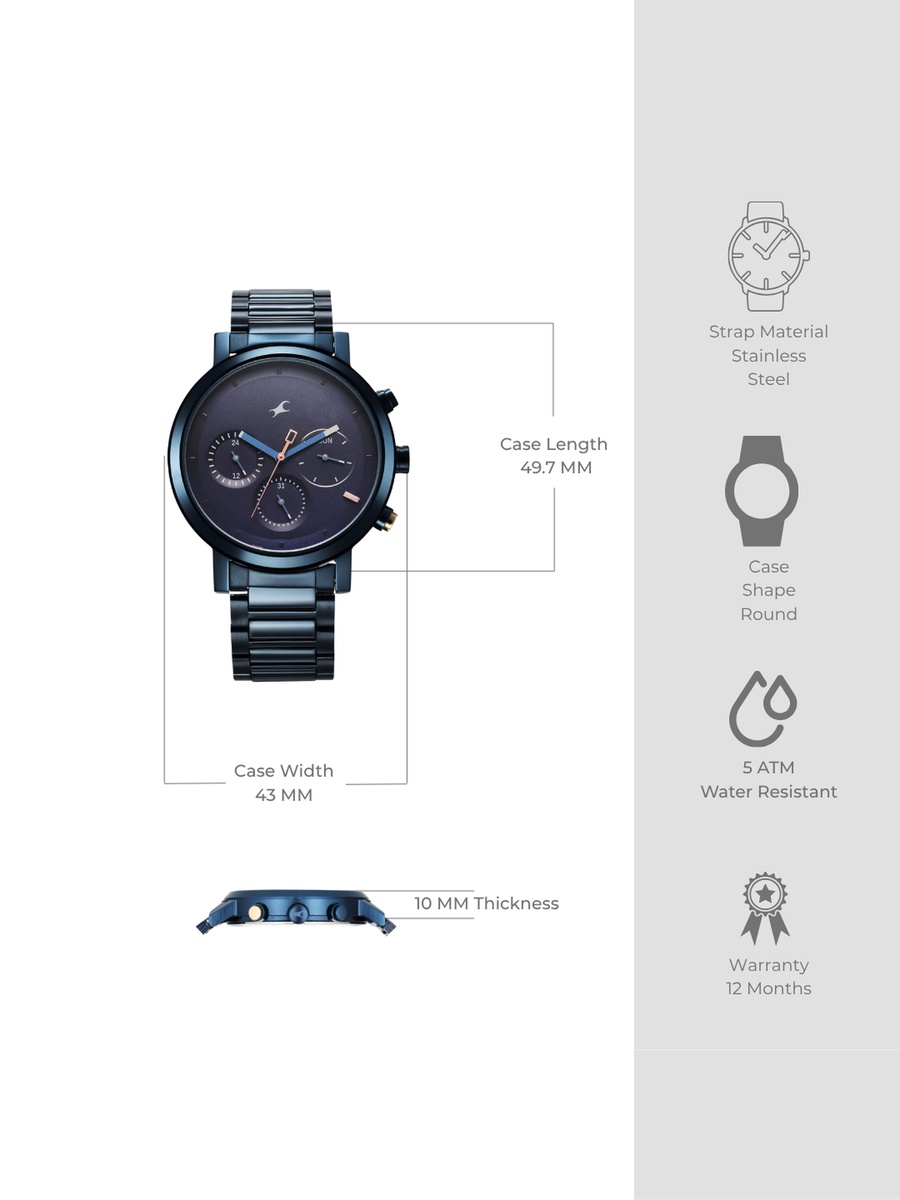 Men Chronograph Watch with Blue Dial and Silver Stainless Steel Strap
