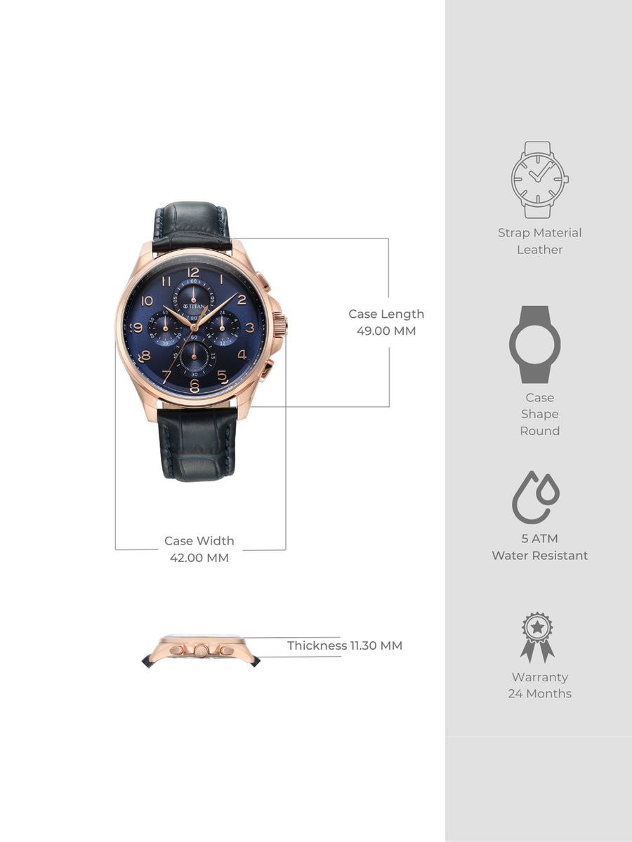 Men Classic Chrono Men Watch with Blue Dial and Leather Strap, 42mm Case