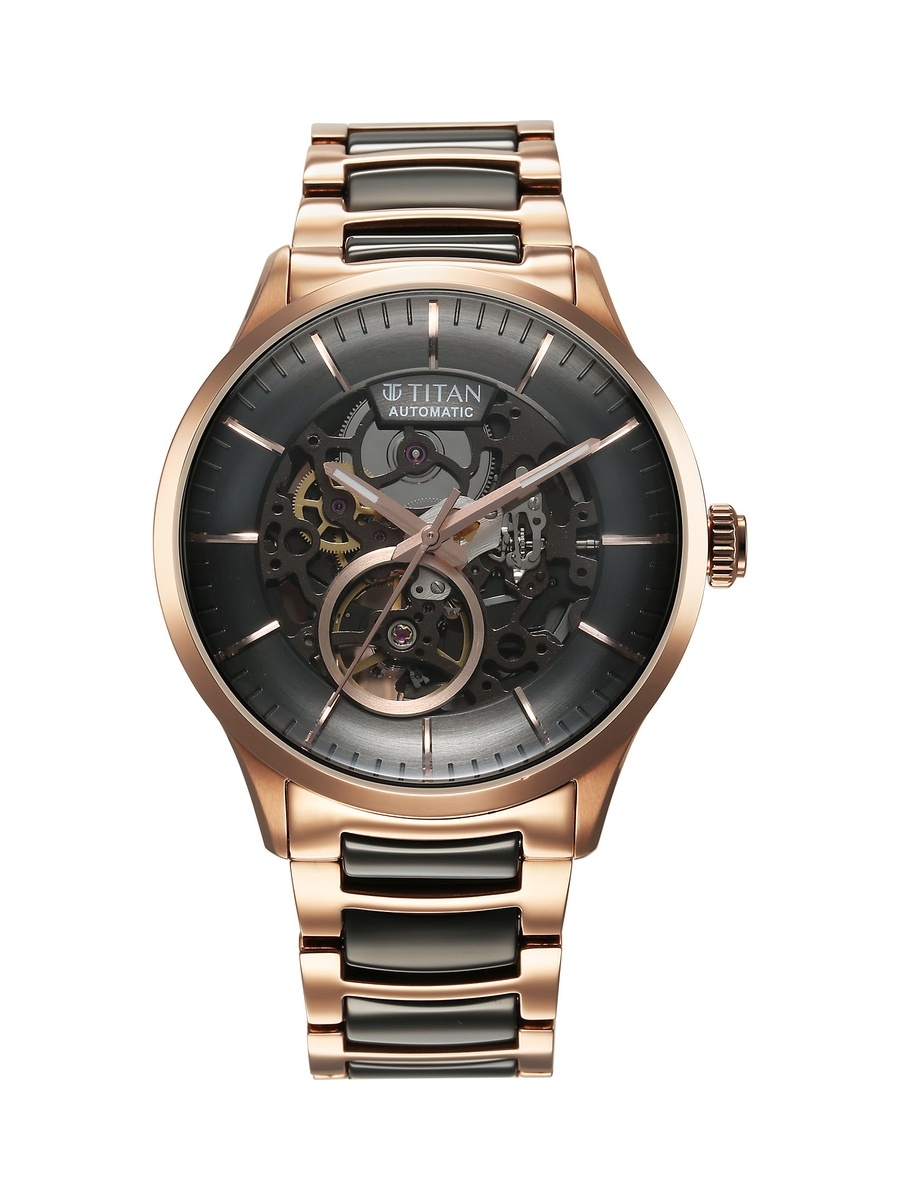 Men Ceramic Fusion Automatic Black Dial Watch with Dual-Tone Stainless Steel Strap