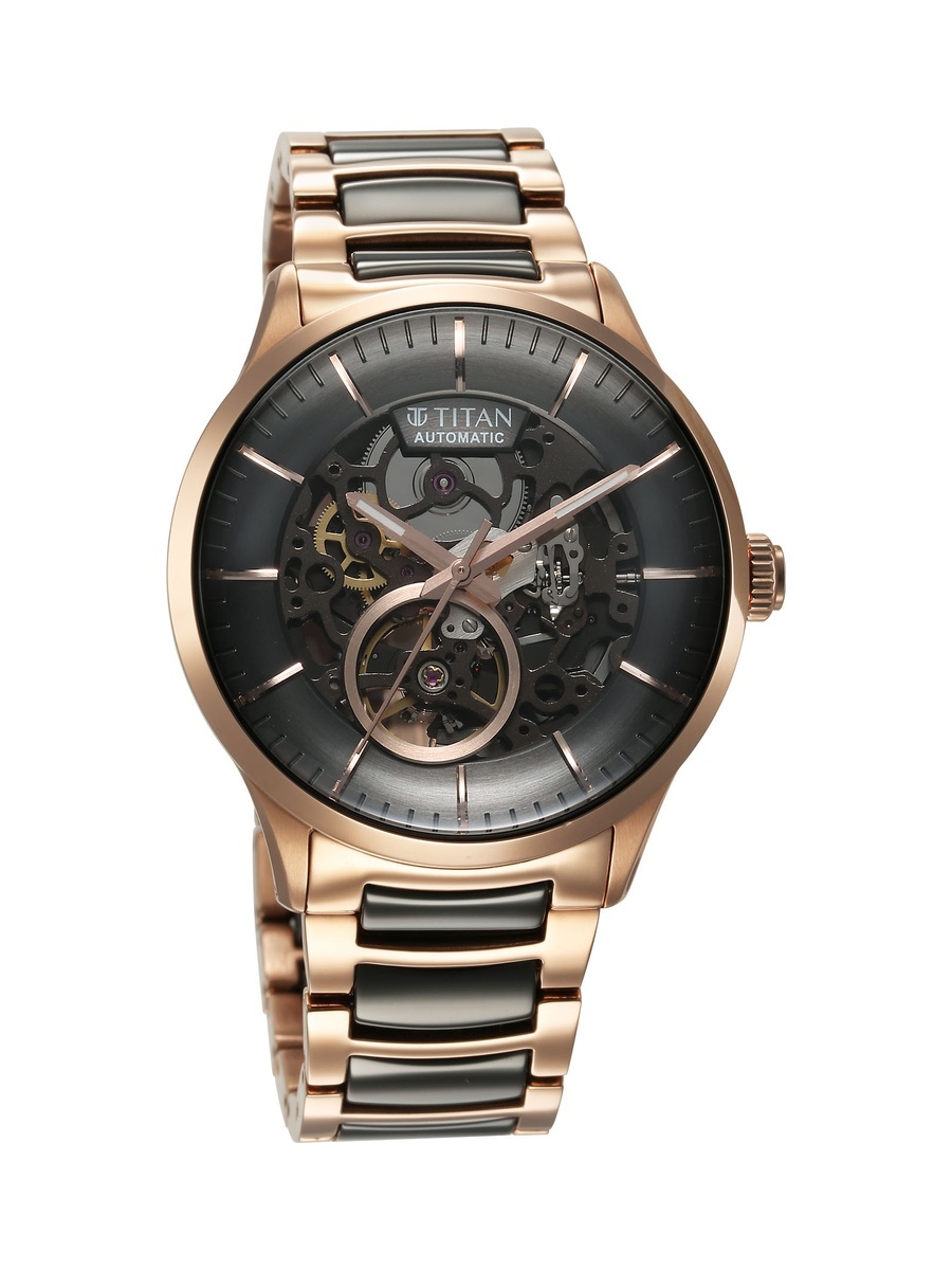 Men Ceramic Fusion Automatic Black Dial Watch with Dual-Tone Stainless Steel Strap