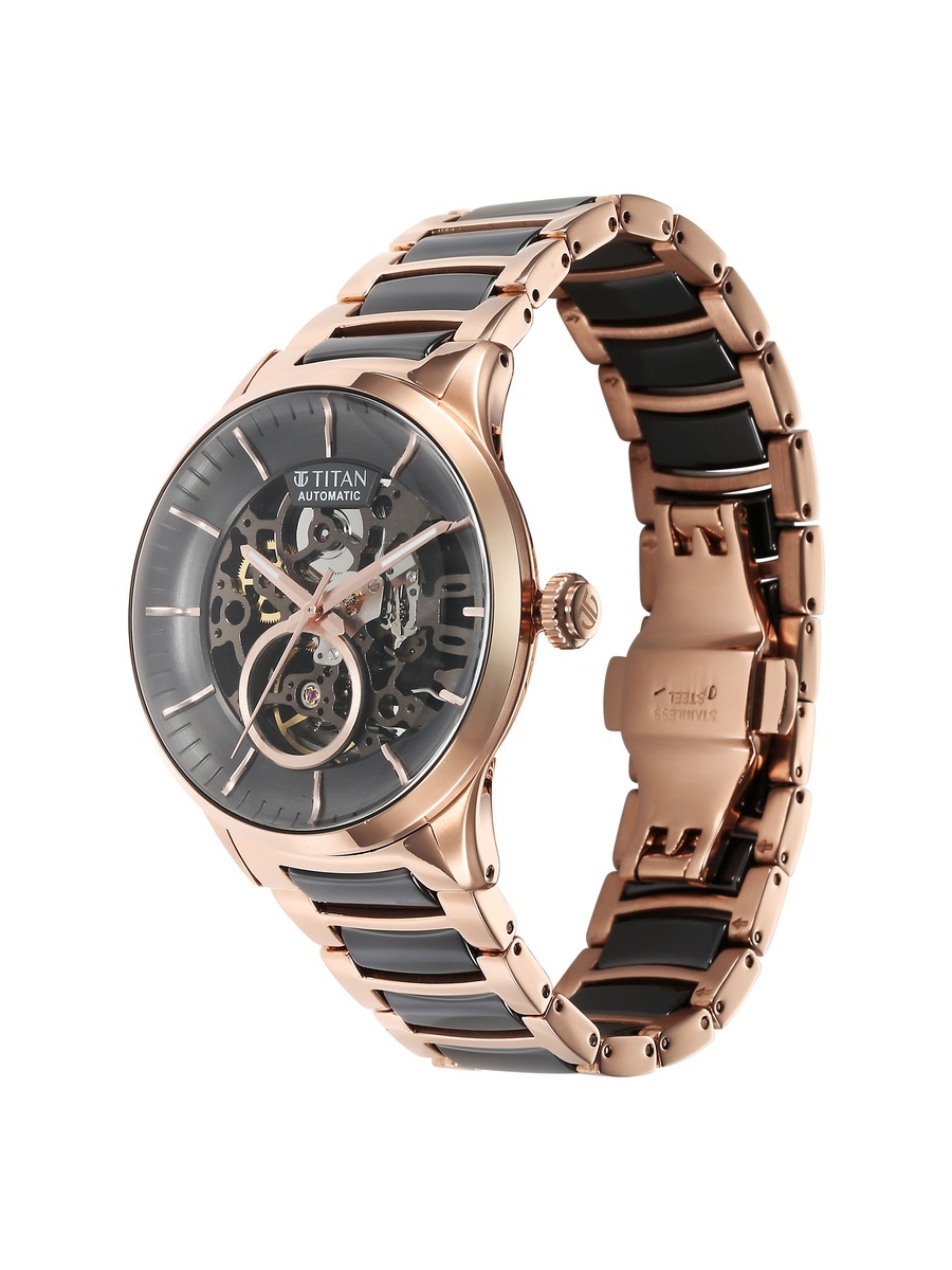 Men Ceramic Fusion Automatic Black Dial Watch with Dual-Tone Stainless Steel Strap