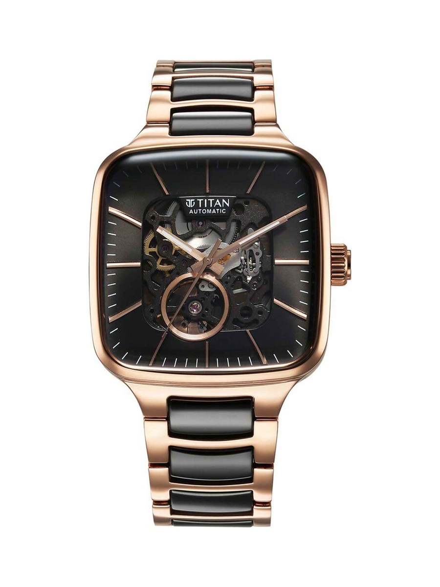 Men Ceramic Fusion Skeleton Automatic Rich Black Dial Steel Watch