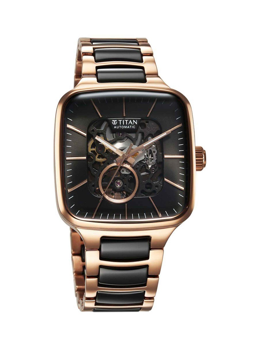 Men Ceramic Fusion Skeleton Automatic Rich Black Dial Steel Watch
